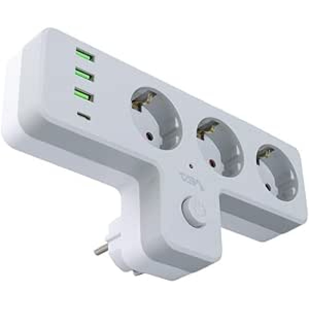 Monte Lua Switched Grounded Socket Adapter, 3 Outlets, 3x USB 2.4A, 1x Type-C 20 Watt, Current Protected Socket, 10 A, 2500 W, Wall Plug, USB Plug, USB-C Ports, Fast Charging.