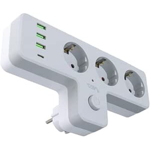 Monte Lua Switched Grounded Socket Adapter, 3 Outlets, 3x USB 2.4A, 1x Type-C 20 Watt, Current Protected Socket, 10 A, 2500 W, Wall Plug, USB Plug, USB-C Ports, Fast Charging.