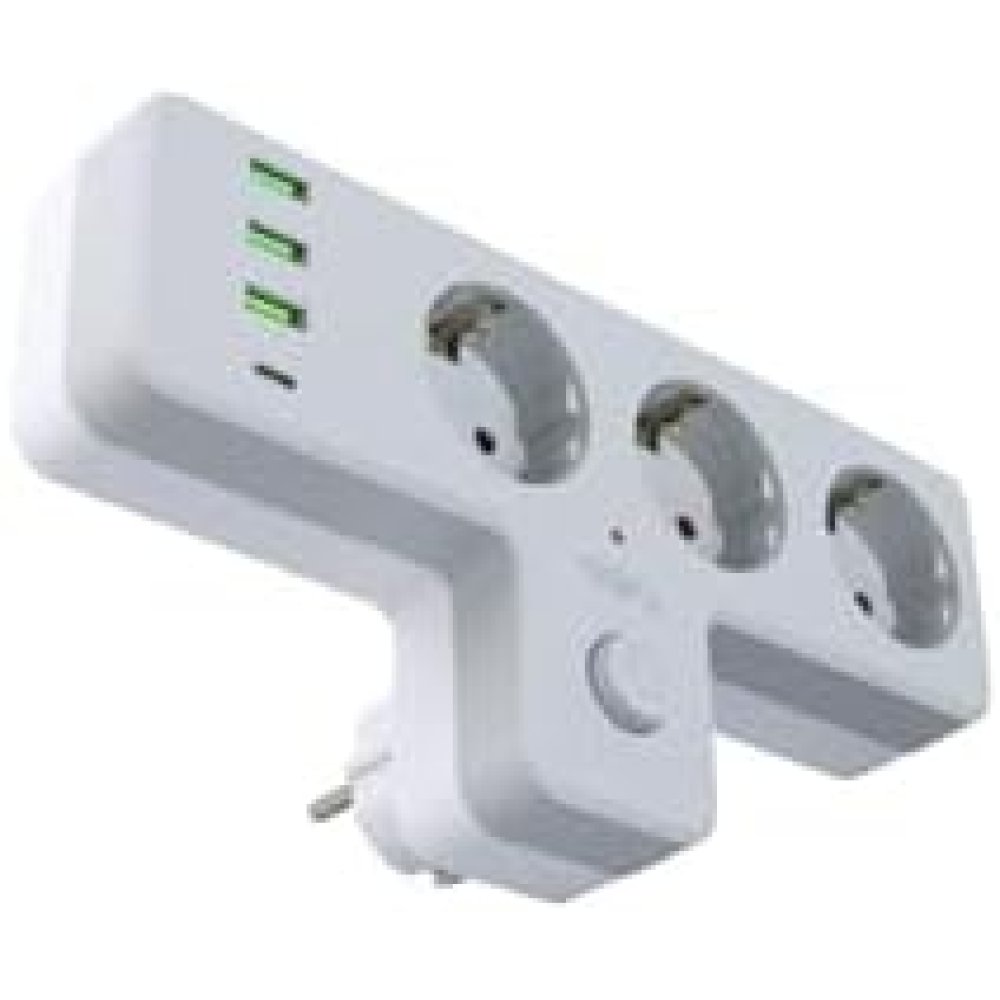 Monte Lua Switched Grounded Socket Adapter, 3 Outlets, 3x USB 2.4A, 1x Type-C 20 Watt, Current Protected Socket, 10 A, 2500 W, Wall Plug, USB Plug, USB-C Ports, Fast Charging.