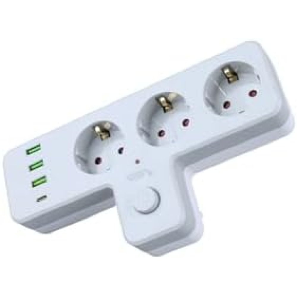 Monte Lua Switched Grounded Socket Adapter, 3 Outlets, 3x USB 2.4A, 1x Type-C 20 Watt, Current Protected Socket, 10 A, 2500 W, Wall Plug, USB Plug, USB-C Ports, Fast Charging.