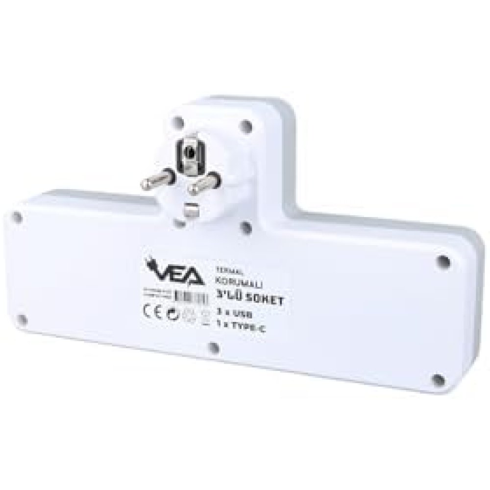 Monte Lua Switched Grounded Socket Adapter, 3 Outlets, 3x USB 2.4A, 1x Type-C 20 Watt, Current Protected Socket, 10 A, 2500 W, Wall Plug, USB Plug, USB-C Ports, Fast Charging.