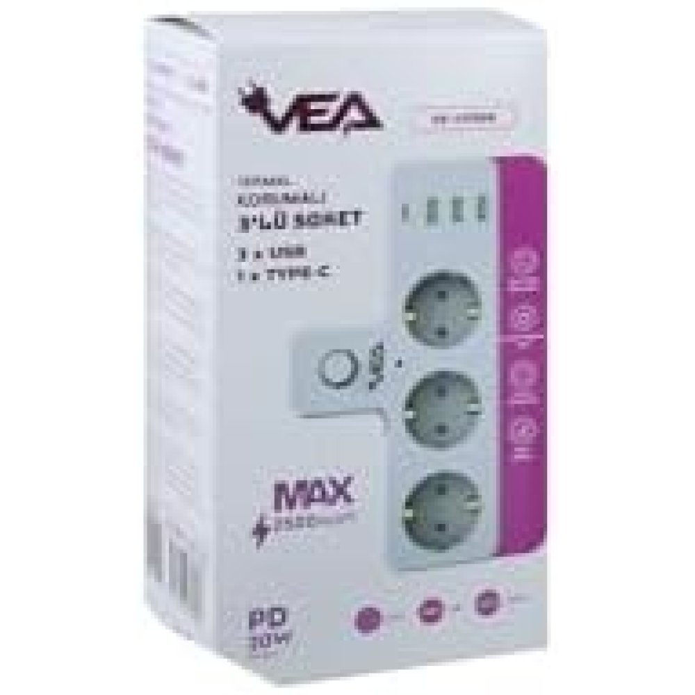 Monte Lua Switched Grounded Socket Adapter, 3 Outlets, 3x USB 2.4A, 1x Type-C 20 Watt, Current Protected Socket, 10 A, 2500 W, Wall Plug, USB Plug, USB-C Ports, Fast Charging.